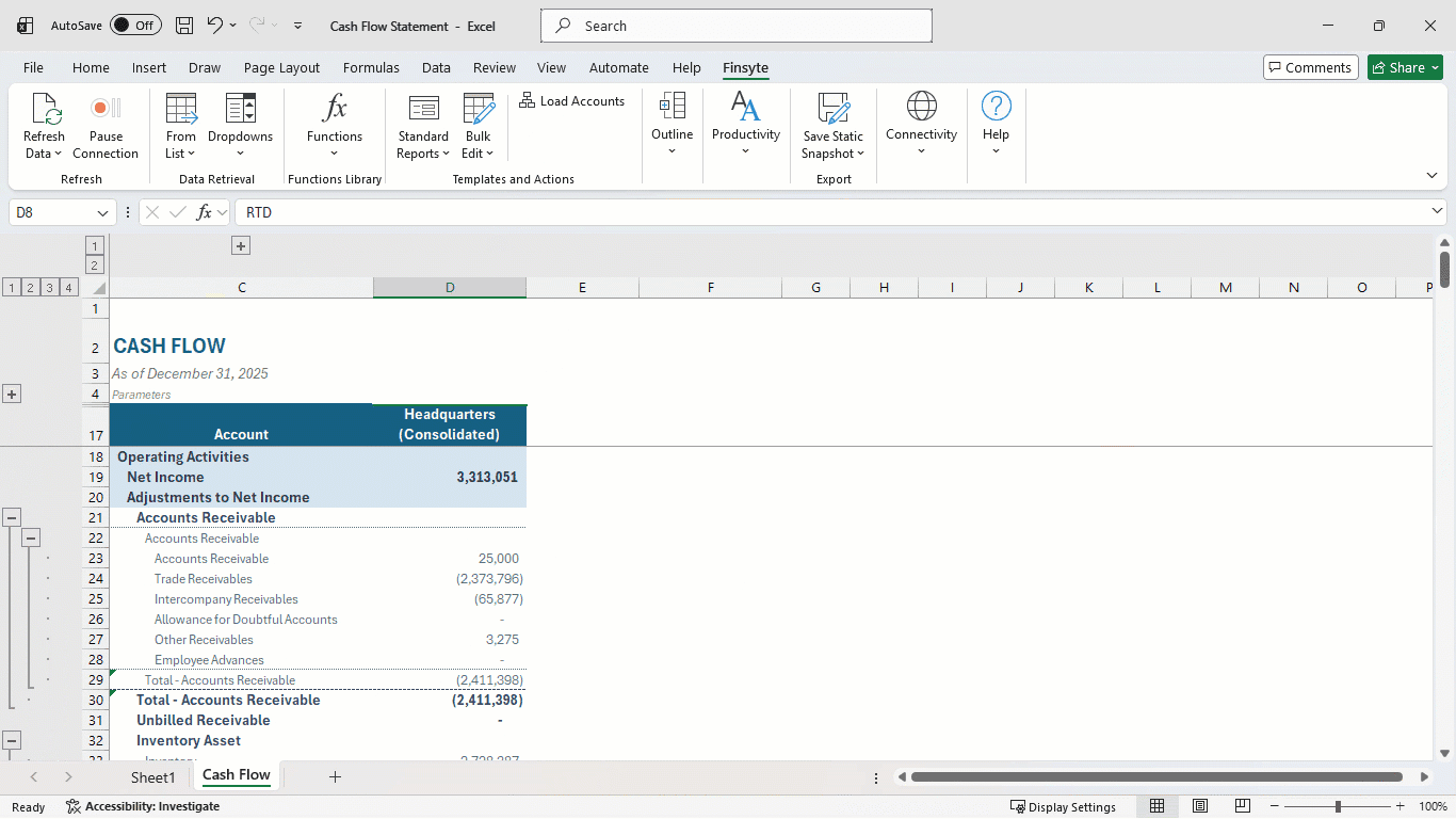Finsyte cash flow template in Excel for Headquarters (Consolidated) as of December 31, 2025, showing Operating Activities with Net Income of 3,313,051 and accounts receivable adjustments totaling (2,411,398)