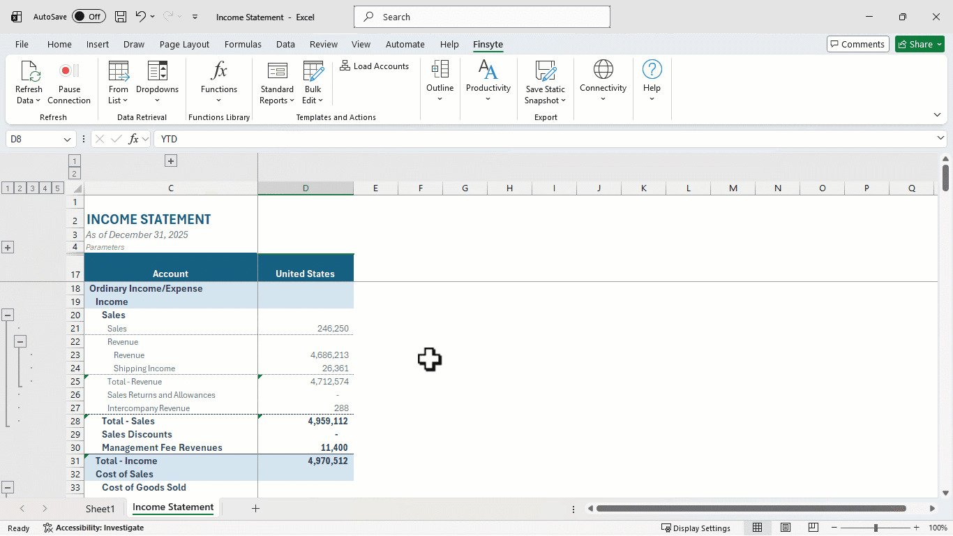 Finsyte income statement template in Excel for United States as of December 31, 2025, with Sales, Revenue and Shipping Income rolling up to Total - Income of 4,970,512